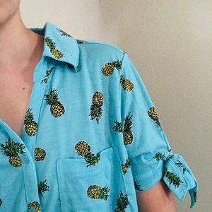 Turquoise Pineapple Patterned Button-up Tee